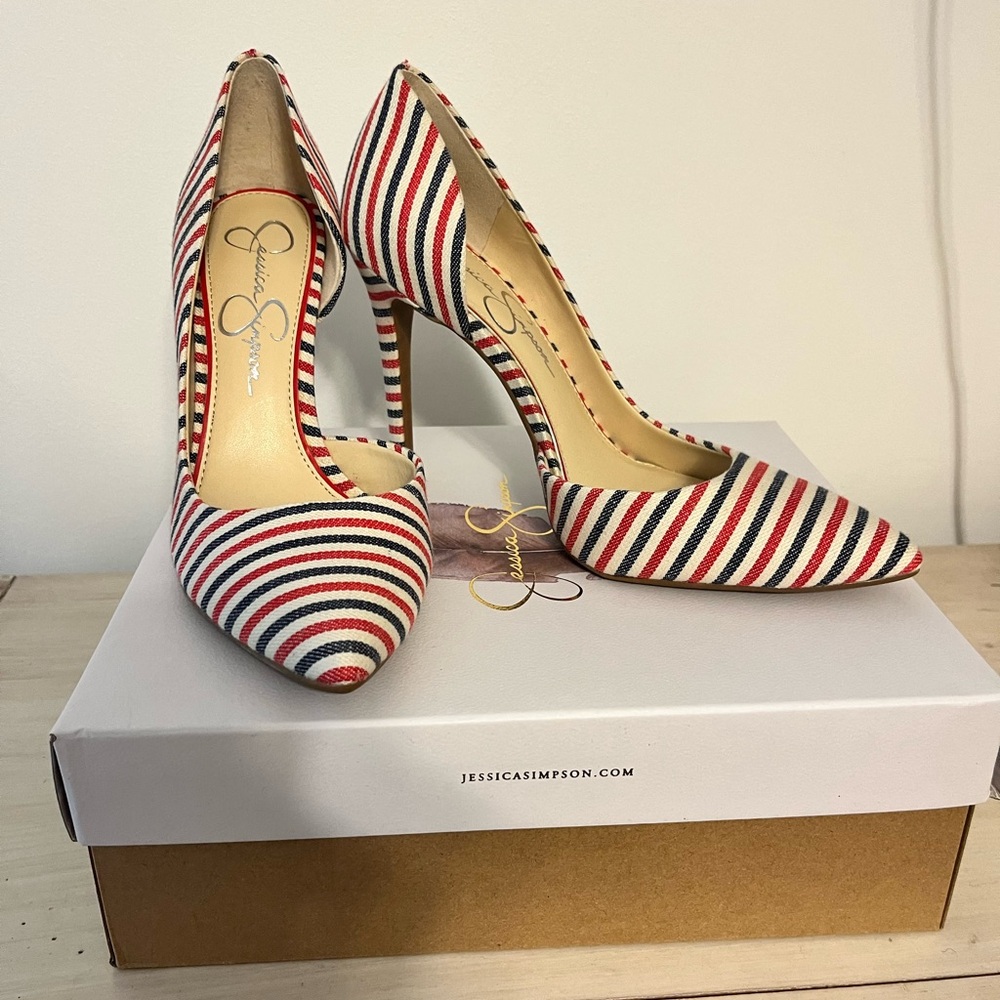 Jesssicas Simpson red, white and blue pumps
